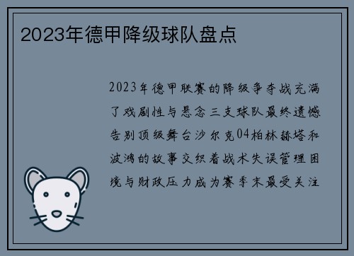 2023年德甲降级球队盘点