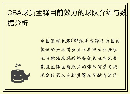 CBA球员孟铎目前效力的球队介绍与数据分析