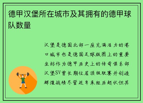 德甲汉堡所在城市及其拥有的德甲球队数量